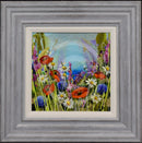 Framed artwork of a colorful floral scene with a gray frame.
