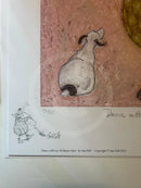 A printed artwork or art print showing a stylized sheep on a pink textured background, with a white border and handwritten/drawn annotations including the title 'Dance with me' and artist text at the bottom.