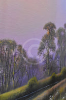 Dawn Skies Reflecting (23.5 x 23.5 ") ORIGINAL PAINTING by Terence Grundy closeup of canvas board  texture (varnished oil on board)