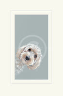 Framed artwork of a dog's face on a light gray background