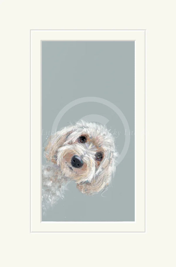 Framed artwork of a dog's face on a light gray background