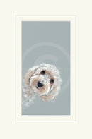 Framed artwork of a dog's face on a light gray background