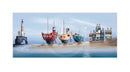 Cartoon-style boats and lighthouse on a beach with a blue sky.