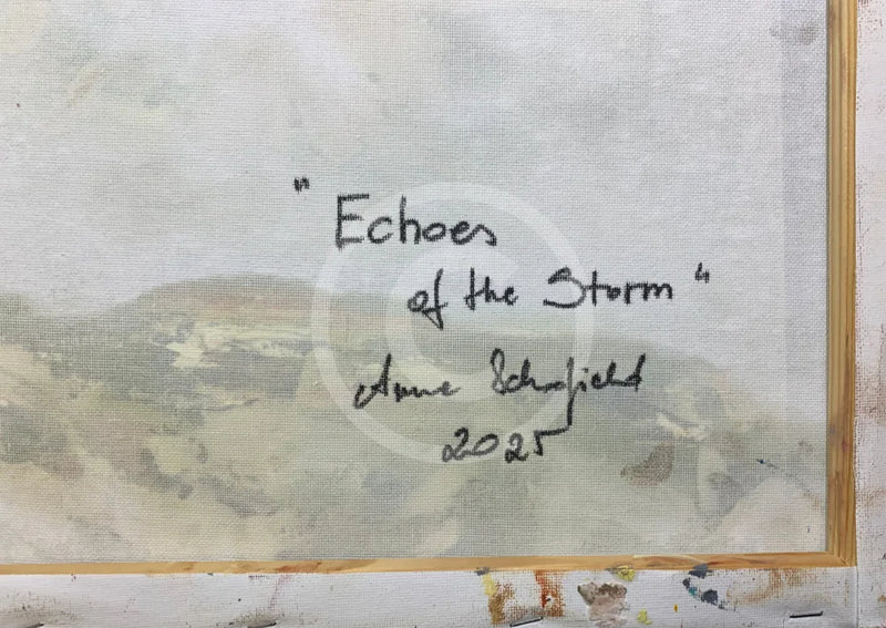 Artistic depiction of a landscape with title 'Echoes of the Storm' and artist's name and year on reverse of canvas