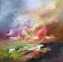 Colorful abstract landscape painting with swirling clouds and earthy tones.