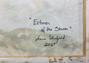 Artistic depiction of a landscape with title 'Echoes of the Storm' and artist's name and year on reverse of canvas