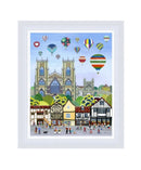 York Balloon Fiesta large contemporary embellished art print by Linda Mellin. This colourful cityscape shows hot air balloons over local landmarks including York Minster.  White Frame
