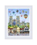 York Balloon Fiesta large contemporary embellished art print by Linda Mellin. This colourful cityscape shows hot air balloons over local landmarks including York Minster.  White Frame