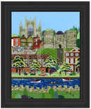 York Minster (East Wing) large embellished art print by Linda Mellin. A contemporary portrait shaped colourful cityscape of historic landmarks York Minster & Clifford’s Tower.  Black frame.