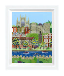 York Minster (East Wing) large embellished art print by Linda Mellin. A contemporary portrait shaped colourful cityscape of historic landmarks York Minster & Clifford’s Tower.  White frame.
