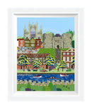 York Minster (East Wing) large embellished art print by Linda Mellin. A contemporary portrait shaped colourful cityscape of historic landmarks York Minster & Clifford’s Tower.  White frame.