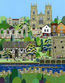 York (West Wing) a large embellished contemporary cityscape of the historic City of York by Linda Mellin. A colourful modern art print for the home features York Landmarks including York Minster.
