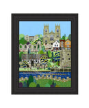 York (West Wing) a large embellished contemporary cityscape of the historic City of York by Linda Mellin. A colourful modern art print for the home features York Landmarks including York Minster.
Black frame.