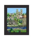 York (West Wing) a large embellished contemporary cityscape of the historic City of York by Linda Mellin. A colourful modern art print for the home features York Landmarks including York Minster.
Black frame.
