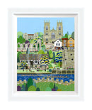 York (West Wing) a large embellished contemporary cityscape of the historic City of York by Linda Mellin. A colourful modern art print for the home features York Landmarks including York Minster.
