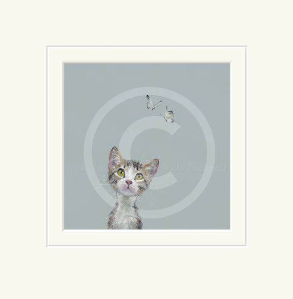 Mounted artwork of a cat looking at butterflies on a gray background