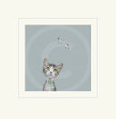 Mounted artwork of a cat looking at butterflies on a gray background