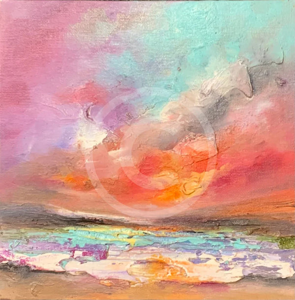 Abstract painting with colorful clouds and landscape