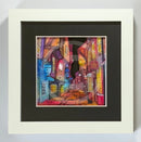 Evening Shambles, 7x7” Miniature 3D Framed Print by Jonathan Williams. Colourful 3D layered print of The Shambles York. White frame black mount.