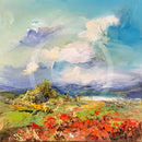 Colorful landscape painting with fields and trees under a blue sky with clouds.