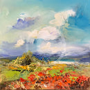 Colorful landscape painting with fields and trees under a blue sky with clouds.