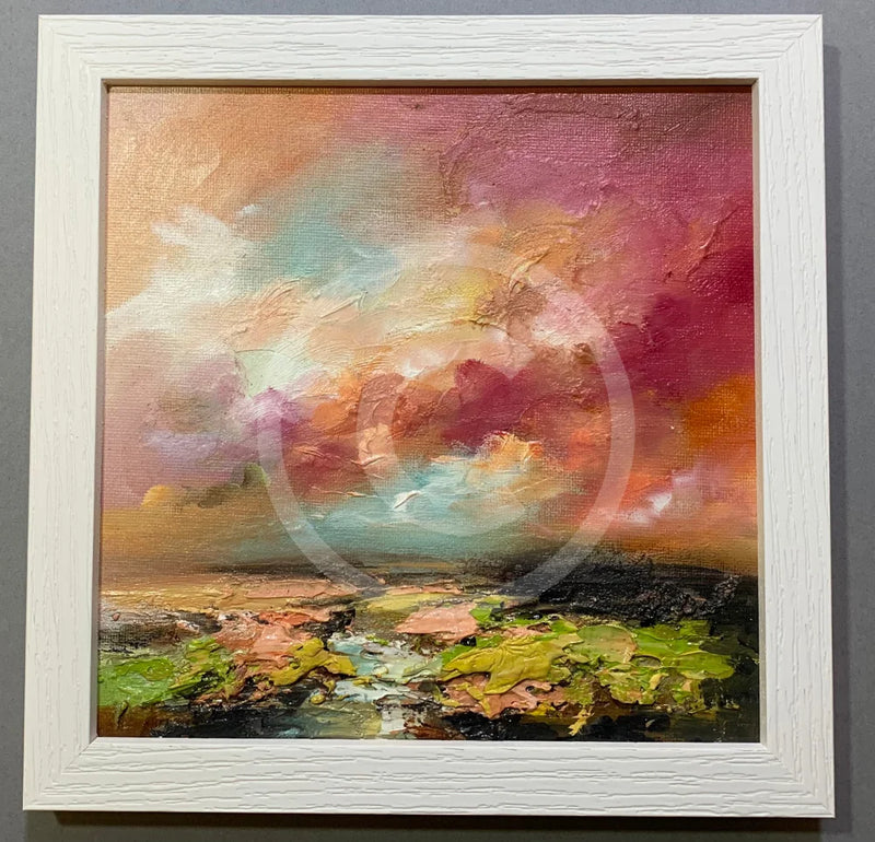 Framed abstract landscape painting with colorful sky and earth tones.