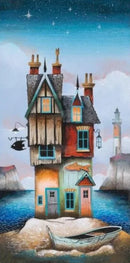 Fish Out of Water by Gary Walton — tall wonky multi-storey harbour cottage of timber and brick teetering on a tiny rocky island, teal-framed glowing windows, fish pub sign, carved fish on wall, rowing boat on sand, lighthouse on headland behind under a starry coastal sky