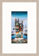 Fish Out of Water by Gary Walton — tall wonky multi-storey harbour cottage of timber and brick teetering on a tiny rocky island, teal-framed glowing windows, fish pub sign, carved fish on wall, rowing boat on sand, lighthouse on headland behind under a starry coastal sky - oak effect frame