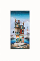 Fish Out of Water, LIMITED EDITION Print Fish Out of Water by Gary Walton — tall wonky multi-storey harbour cottage of timber and brick teetering on a tiny rocky island, teal-framed glowing windows, fish pub sign, carved fish on wall, rowing boat on sand, lighthouse on headland behind under a starry coastal sky - mounted option