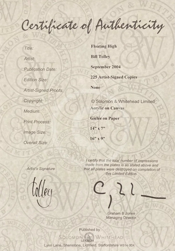 Floating High, Signed Limited Edition by Bill Tolley Certificate