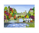 Fountain's Abbey & Studley Royal art print by Linda Mellin. A colourful contemporary picture of Fountains Abbey near Ripon featuring the Abbey Ruins and the water garden. 