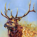 Impressionistic art print of a stag with large antlers, rendered in warm brown, gold, and orange tones against a soft light blue background.
