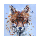 A square art print featuring a stylized, textured oil painting of a fox's face in warm brown, orange, cream, and gray tones against a light blue background.