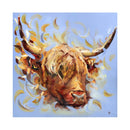 An expressive print of a Highland cow head with large horns, rendered in warm golden, brown, cream, and orange brushstrokes against a pale blue background.