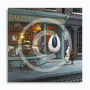 Freetime by Simon Clarke — fluffy sheep outside Dali’s Clock Repairs, melting clocks in a warmly lit green shop window and a Free Time crate beside the cobbled street