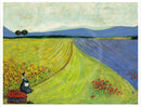 Glad to be Alive by Sam Toft — original mixed-media artwork of a vivid green and blue landscape with distant hills, two trees, a bench, and a seated figure in the foreground