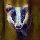 A print of a badger's face peering out from behind a dark tree trunk, rendered in textured brushstrokes of black, white, and blue-gray fur against a warm, olive-green and brown forest background.