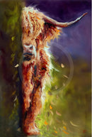 An impressionistic print of a Highland cow with long horns, rendered in warm brown, cream, and orange tones against a dark purple and green background.