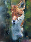 Print of a fox half hidden behind  tree