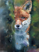 Print of a fox half hidden behind  tree