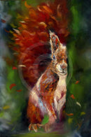 A colourful print of a red squirrel with a large bushy tail, standing against a dark green and grey background with scattered autumn leaves.