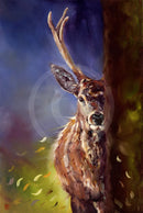 An expressive print of a deer with large antlers peeking from behind a tree trunk, set against a moody blue and purple background with scattered autumn leaves.