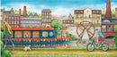 Happy Days by Dotty Earl — panoramic canal scene with a colourful narrowboat decorated with bunting and a daisy motif, a white dog with a red neckerchief on the roof, figures on the towpath, a cyclist passing a waterwheel and mill, Victorian terraces and chimneys across the skyline