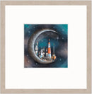 Harbour Moon by Gary Walton — crescent moon cradling a harbour village with timber-framed cottages, an orange and white lighthouse, a moored fishing boat and pebbled shore, set against a starry teal night sky - Oak Effect Framed Option