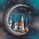 Harbour Moon by Gary Walton — crescent moon cradling a harbour village with timber-framed cottages, an orange and white lighthouse, a moored fishing boat and pebbled shore, set against a starry teal night sky