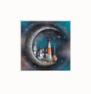 Harbour Moon by Gary Walton — crescent moon cradling a harbour village with timber-framed cottages, an orange and white lighthouse, a moored fishing boat and pebbled shore, set against a starry teal night sky - Mounted option