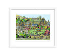 Howarth By Linda Mellin. Colourful, contemporary art print for the home features: Top Withens, Bronte Parsonage &  Keighley and Worth Valley Railway steam train. Framed.