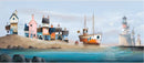 High and Dry by Gary Walton — orange and white fishing boat beached on a sandbank with bunting strung from its mast, cluster of wonky harbour cottages including The Anchor pub with hanging sign on a sandy headland to the left, lighthouse on rocky outcrops to the right, soft grey-blue sky with pale moon