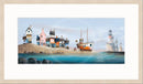 High and Dry by Gary Walton — orange and white fishing boat beached on a sandbank with bunting strung from its mast, cluster of wonky harbour cottages including The Anchor pub with hanging sign on a sandy headland to the left, lighthouse on rocky outcrops to the right, soft grey-blue sky with pale moon - framed