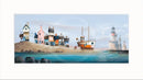 High and Dry by Gary Walton — orange and white fishing boat beached on a sandbank with bunting strung from its mast, cluster of wonky harbour cottages including The Anchor pub with hanging sign on a sandy headland to the left, lighthouse on rocky outcrops to the right, soft grey-blue sky with pale moon- mounted
